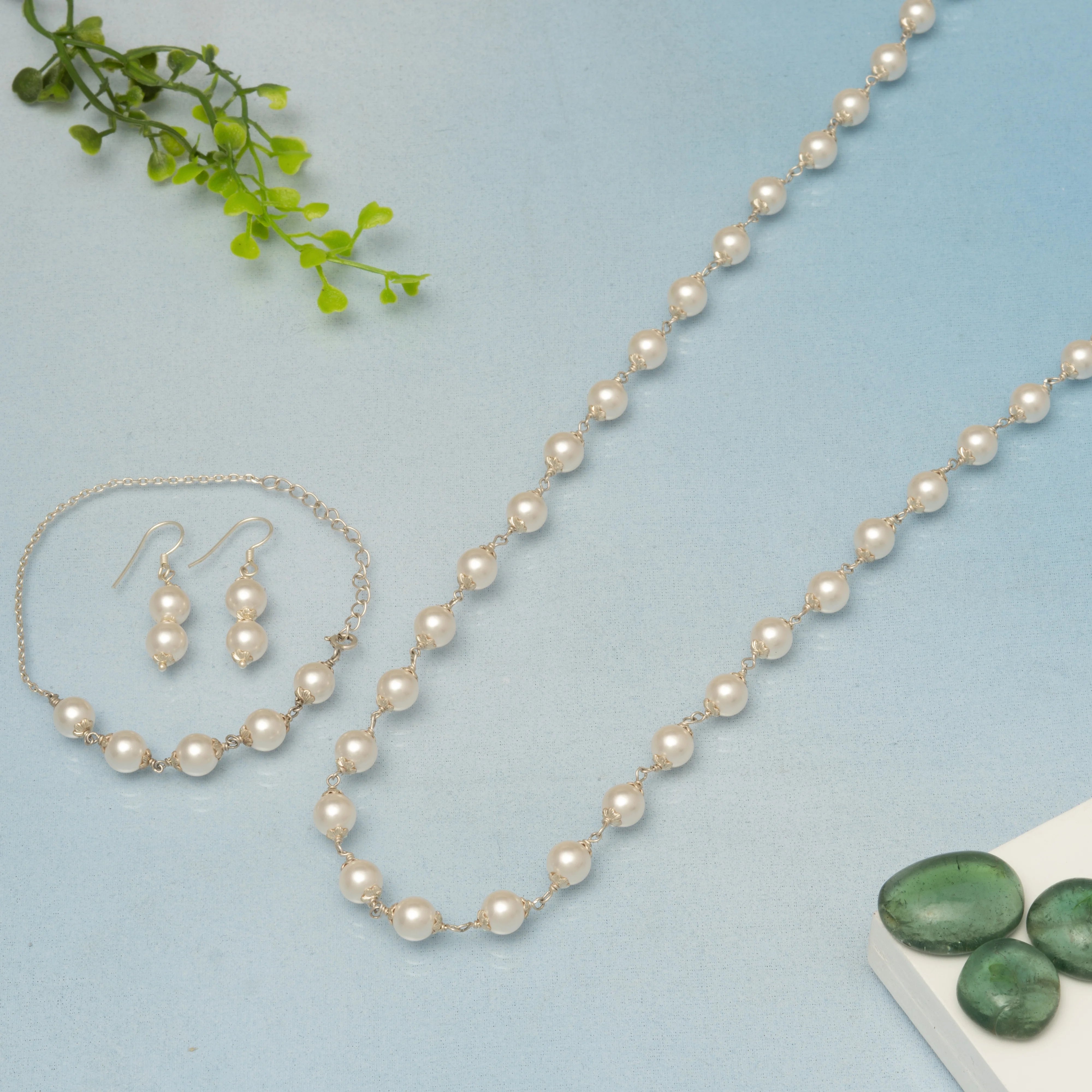 Pearls String Necklace, Earrings, and Bracelet Set