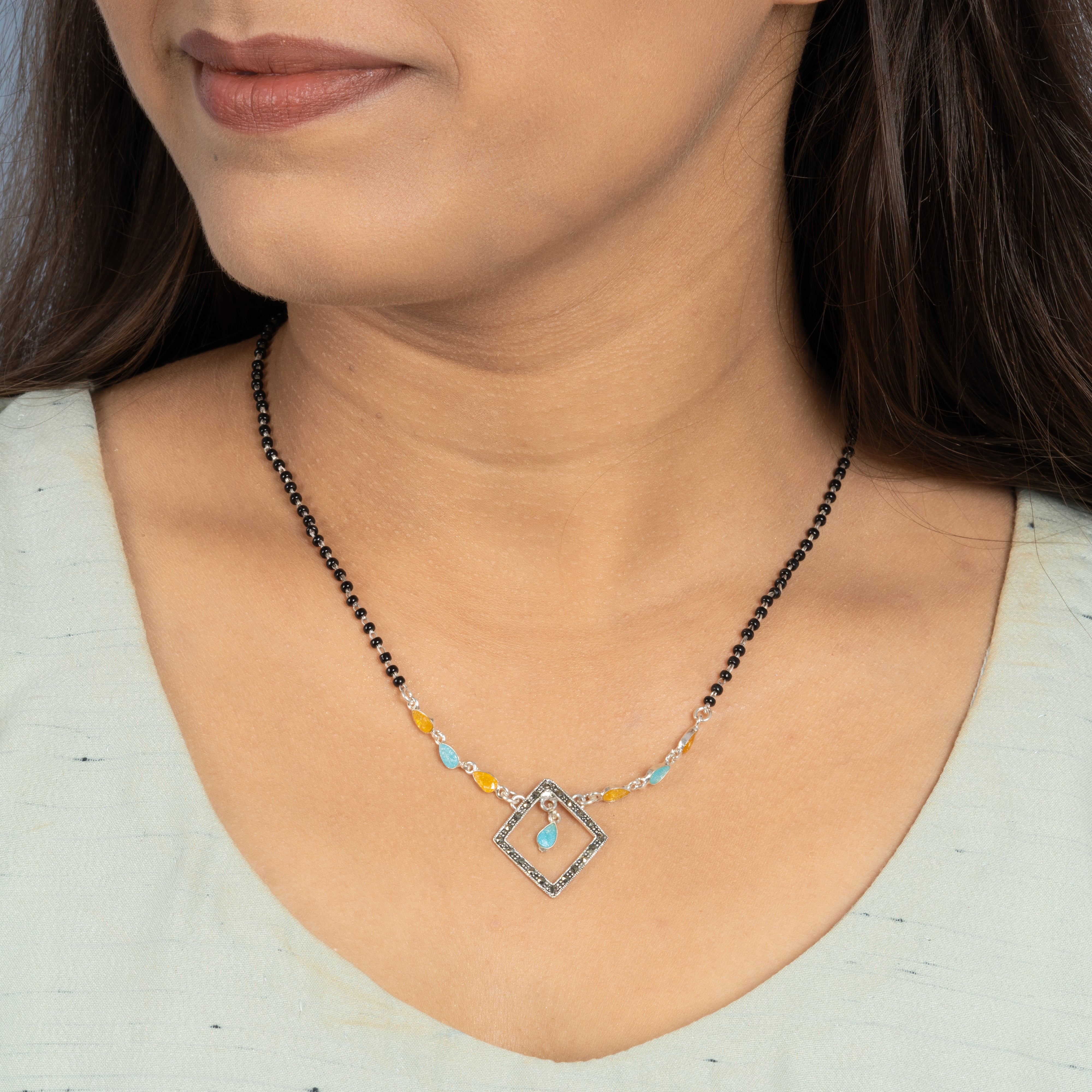 Diamond Drop Blue-Yellow Silver Mangalsutra