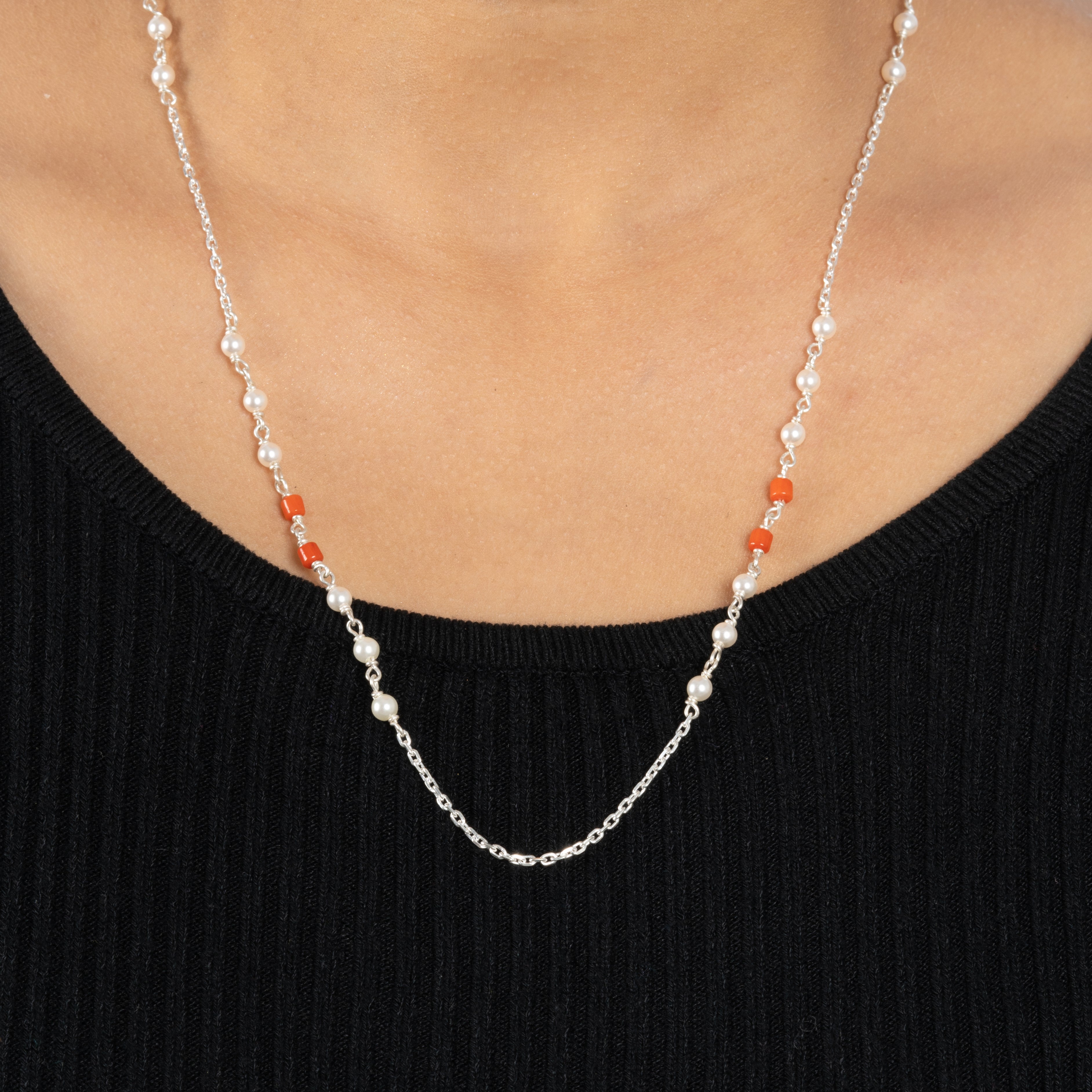 Swasti Pearls-Coral Silver Chain