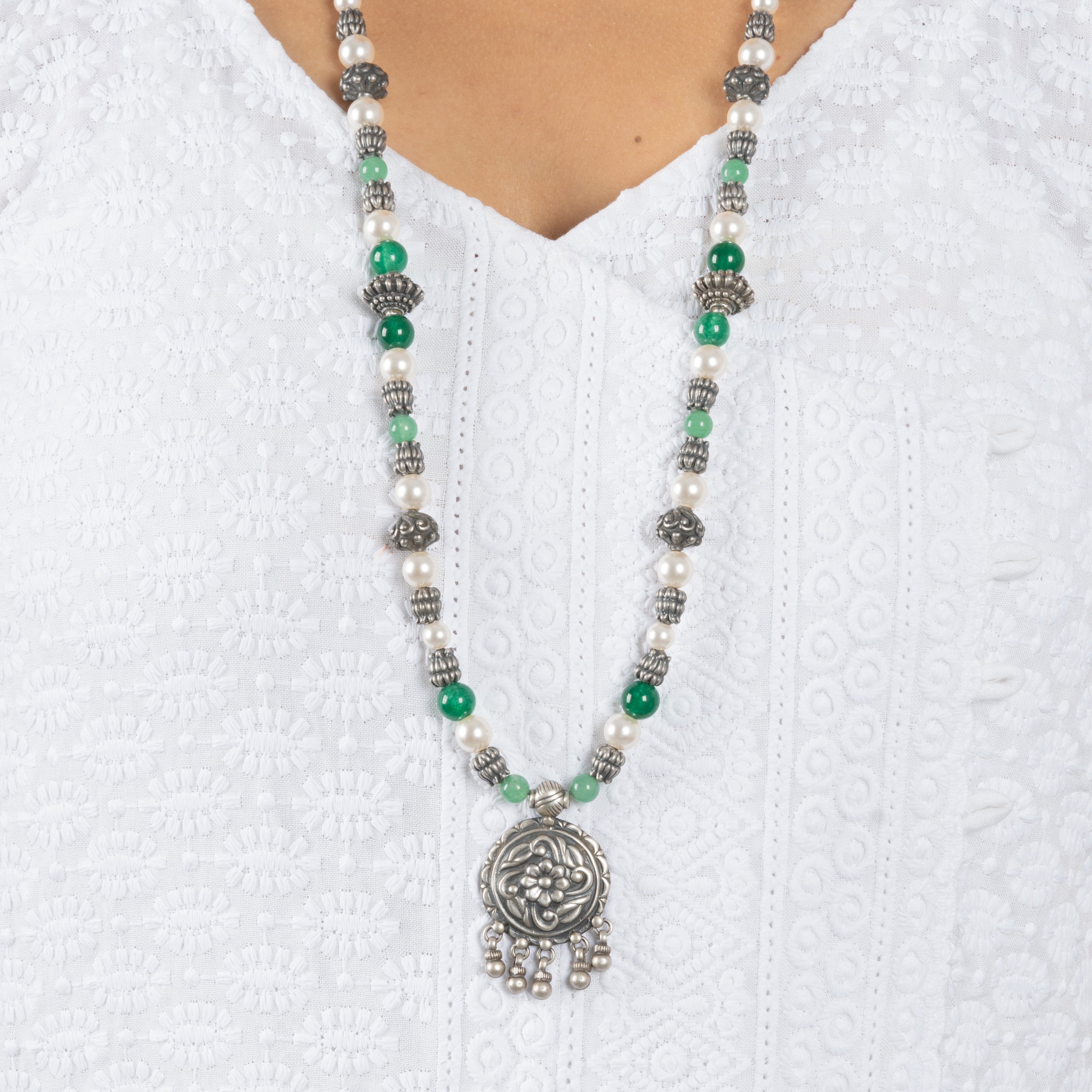 Aventurine Pearl Oxidized Silver Necklace