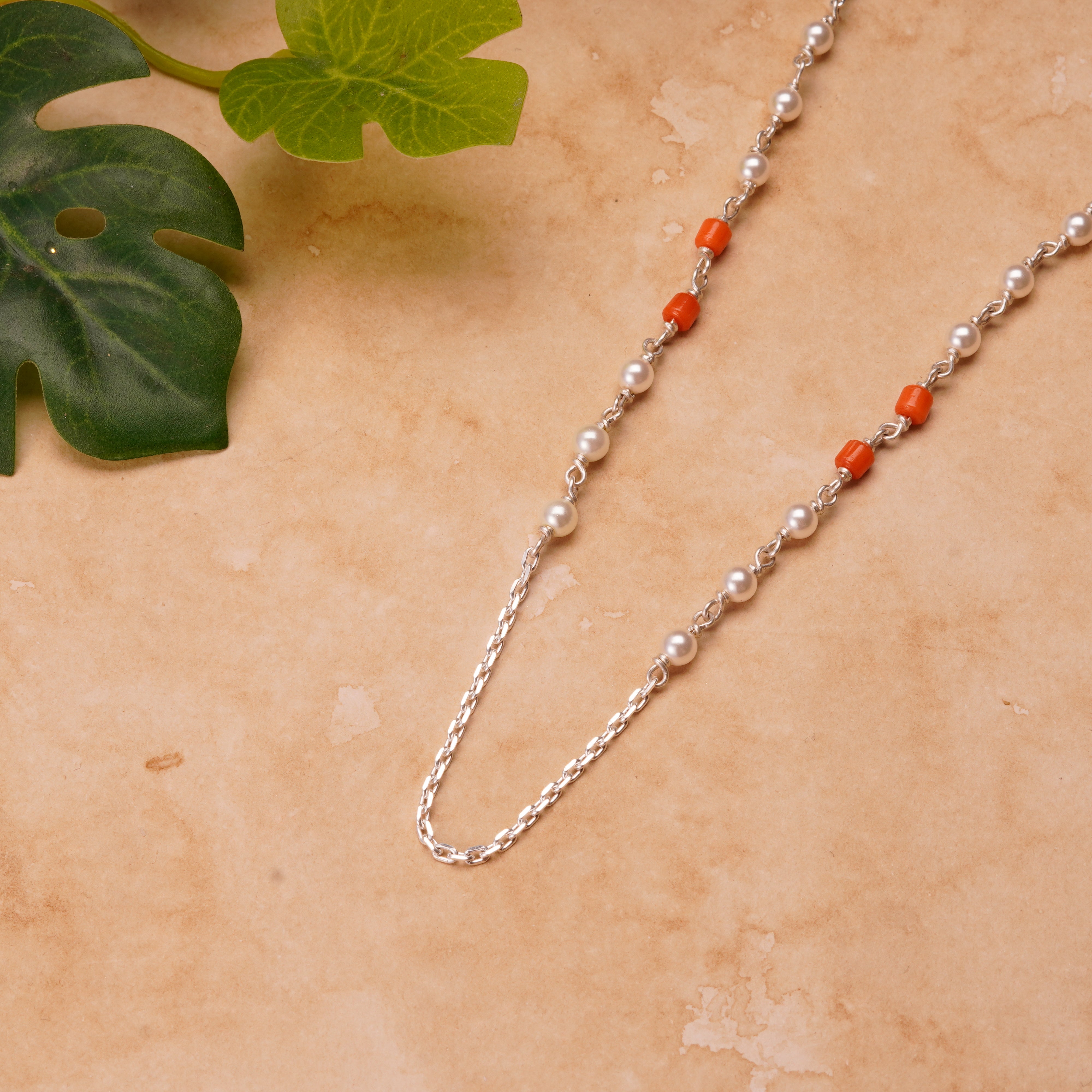 Swasti Pearls-Coral Silver Chain