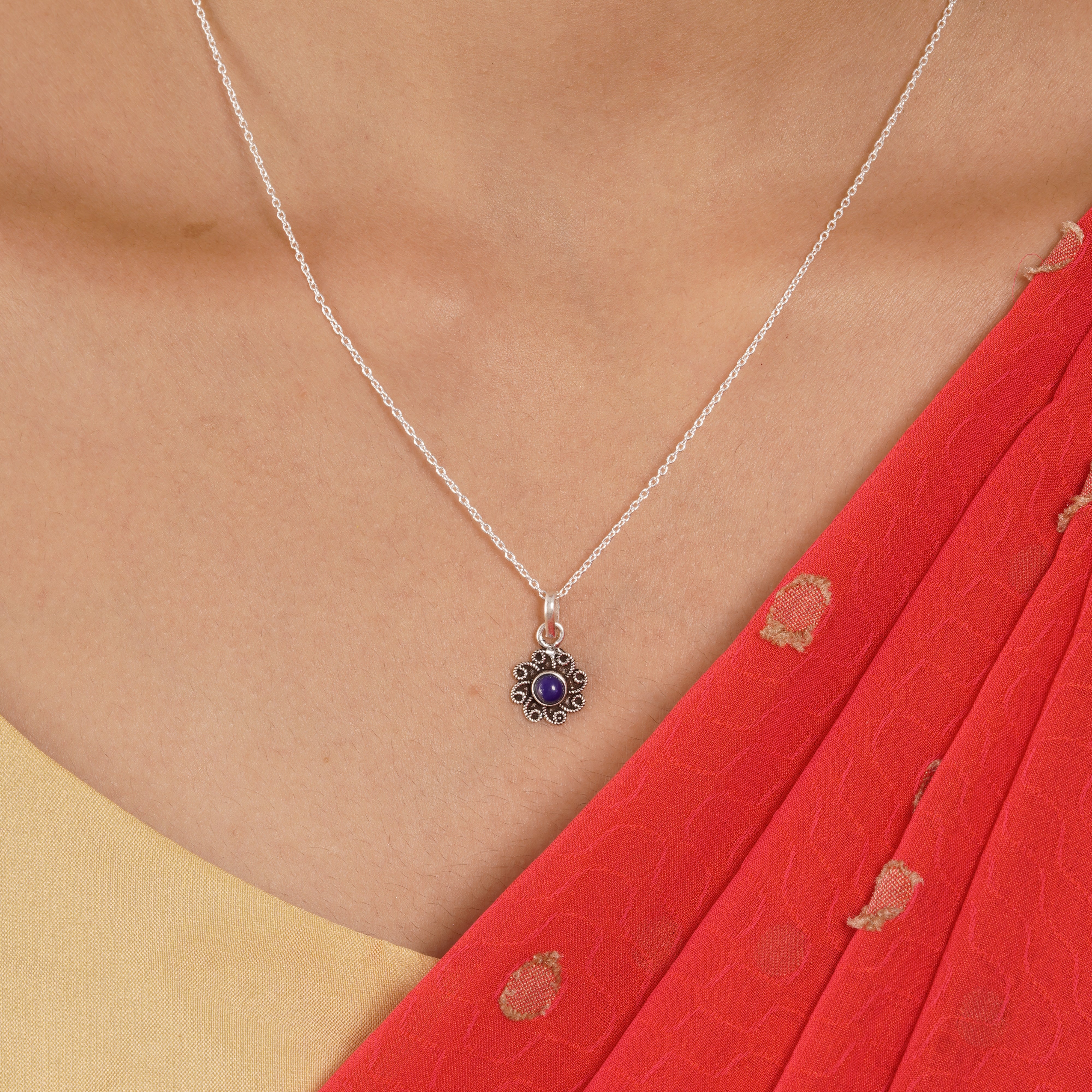 Navy Blue stone Floral Pendant and Earring Set