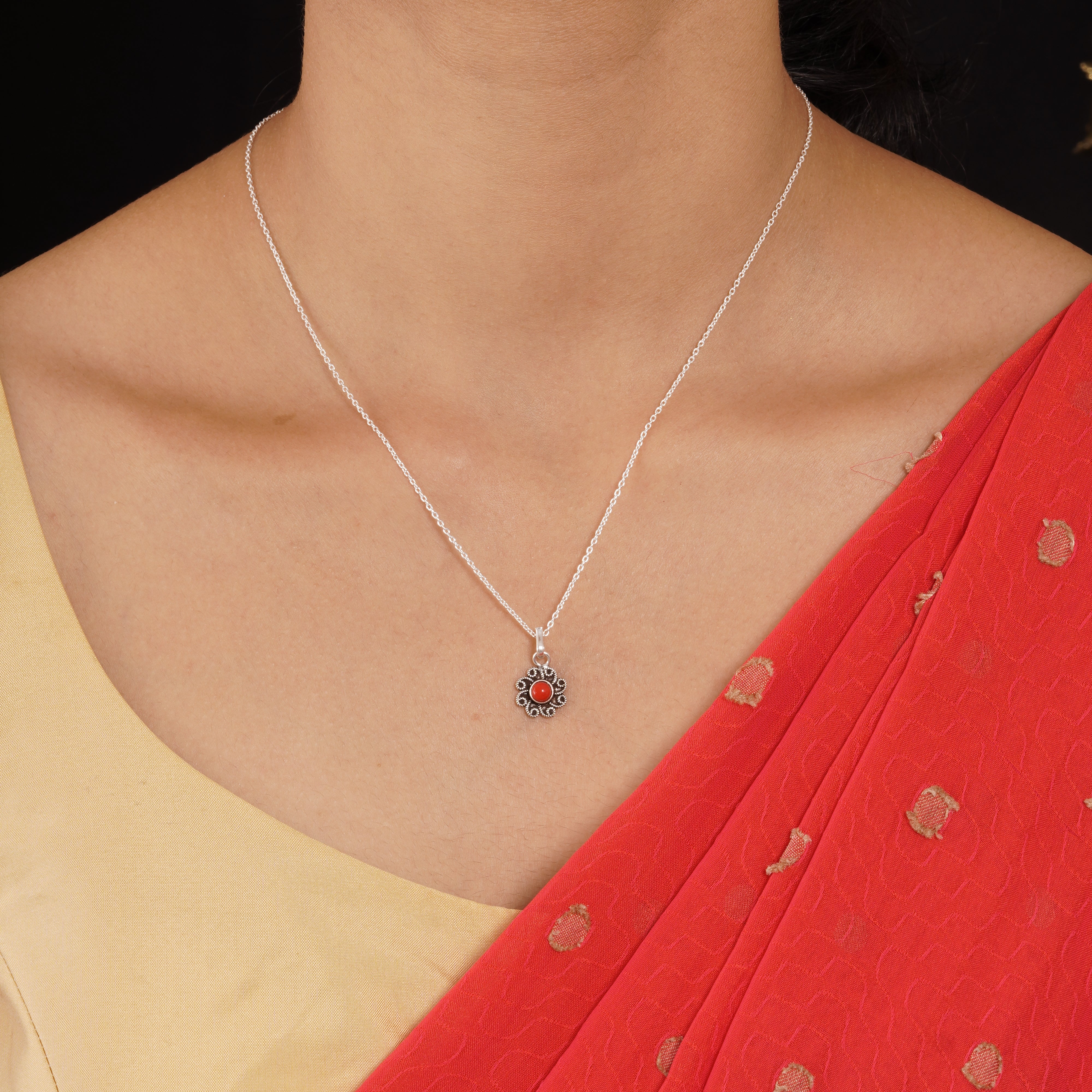 Red Stone Floral Pendant and Earring Set