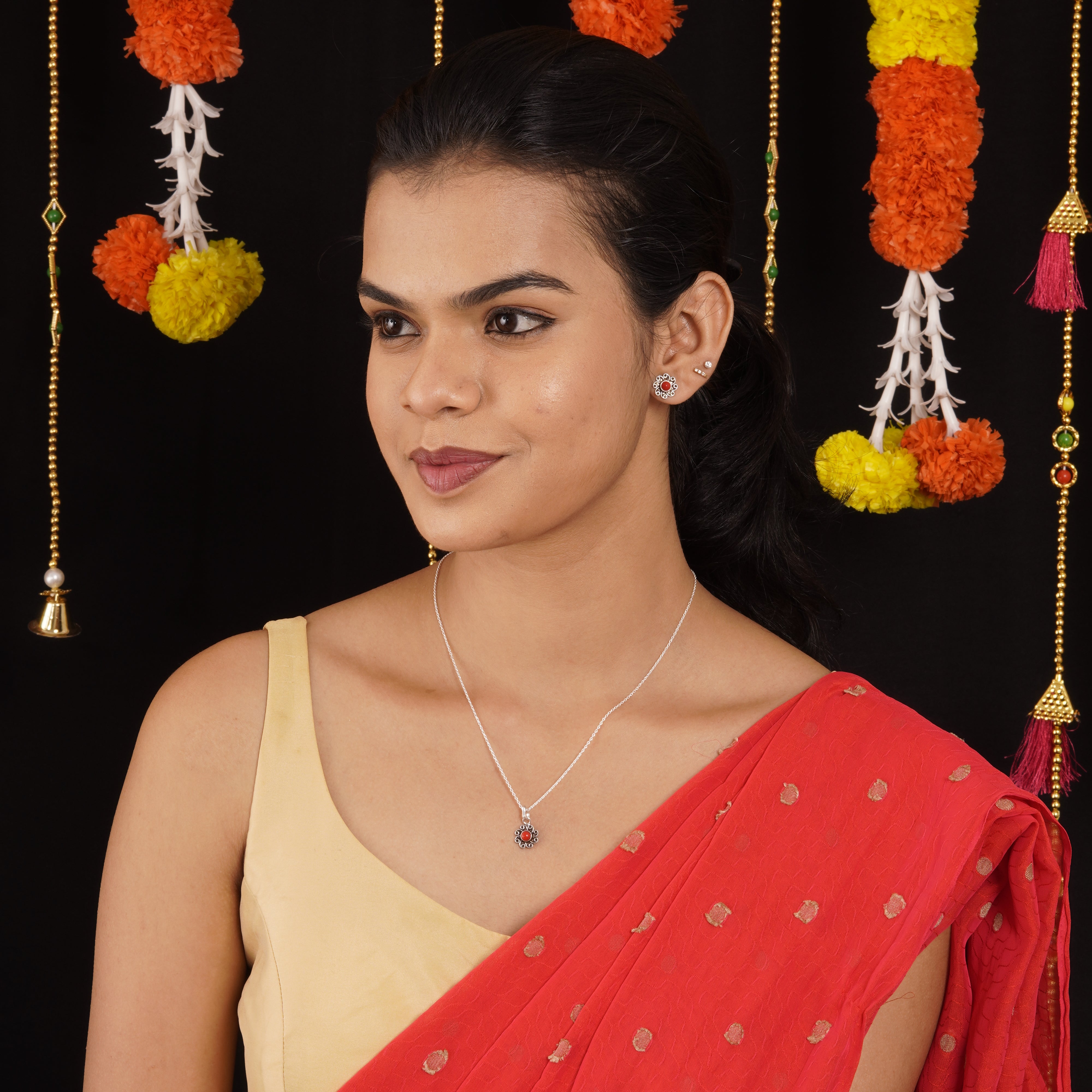 Red Stone Floral Pendant and Earring Set