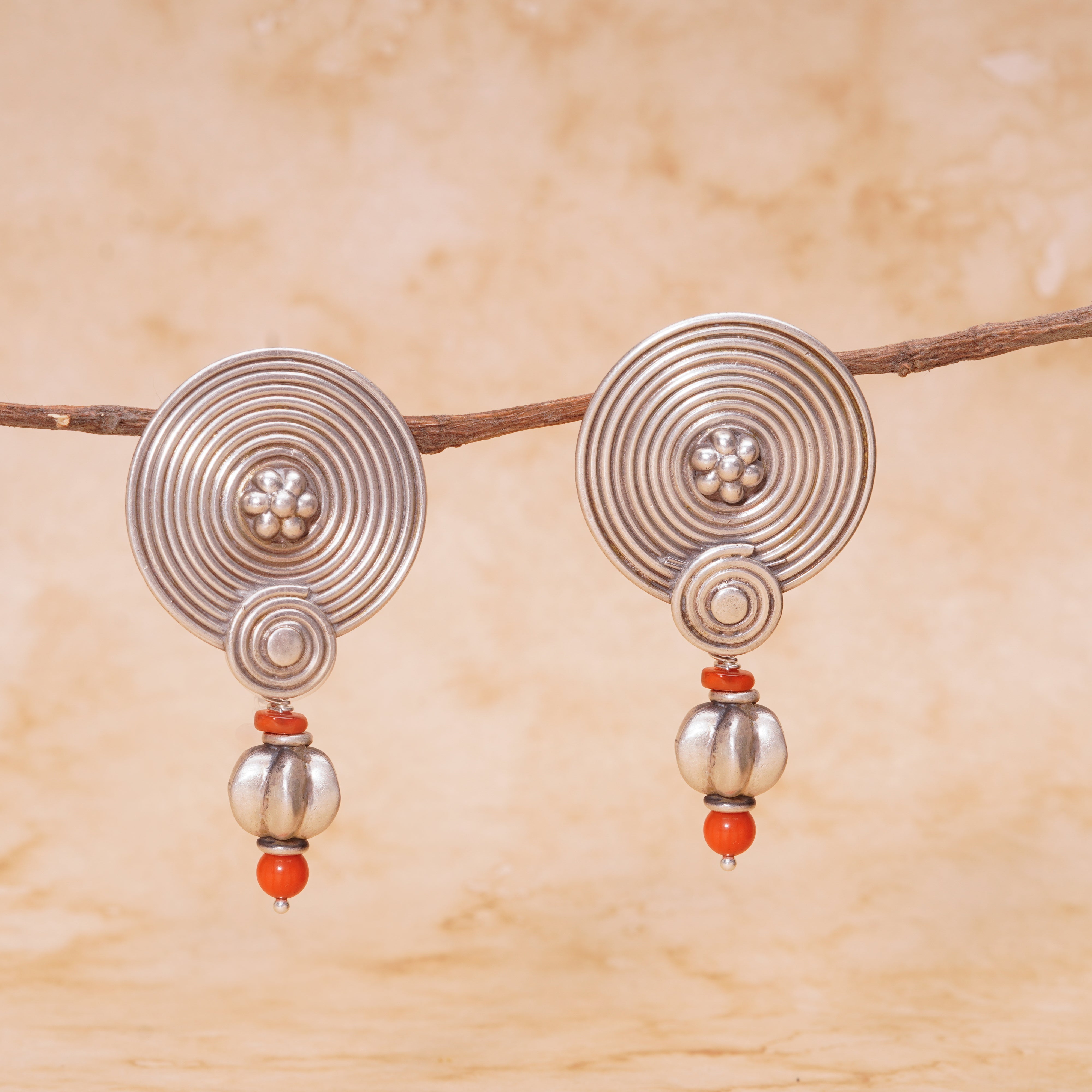 Coral Spiral Circle Earrings