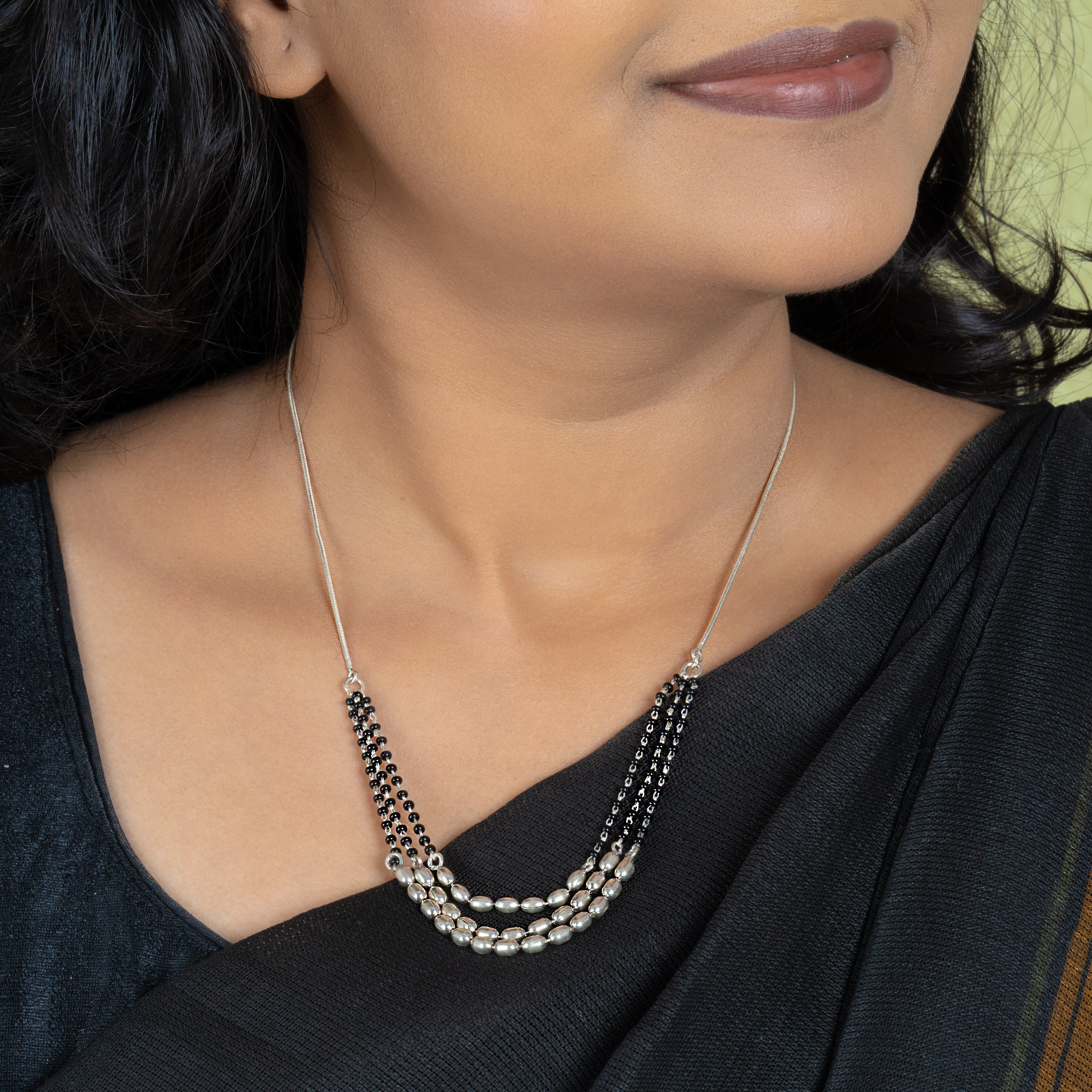 A Three Layer Oval Silver Beads Mangalsutra