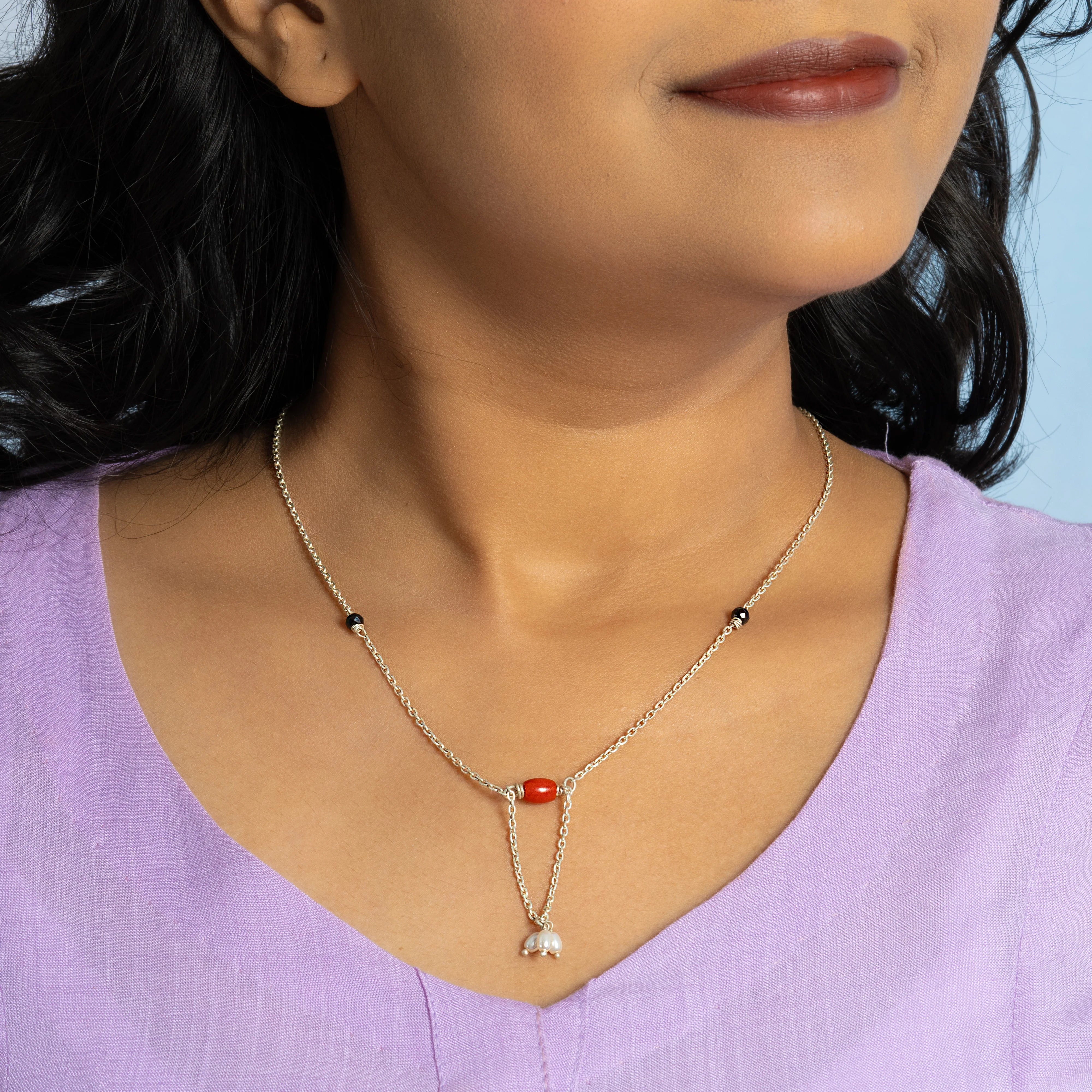 Minimal Mangalsutra with Three Pearl Drops and Coral