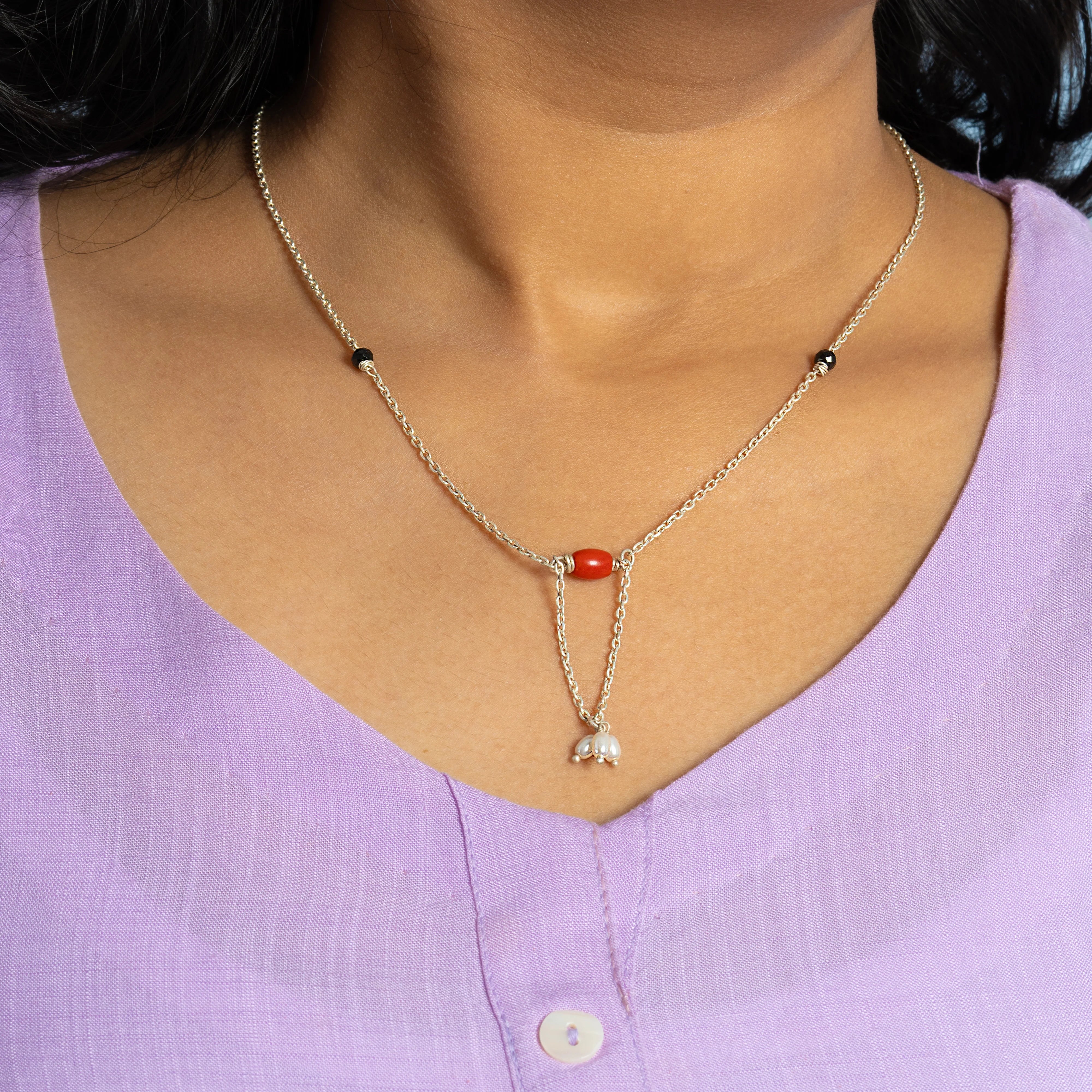 Minimal Mangalsutra with Three Pearl Drops and Coral