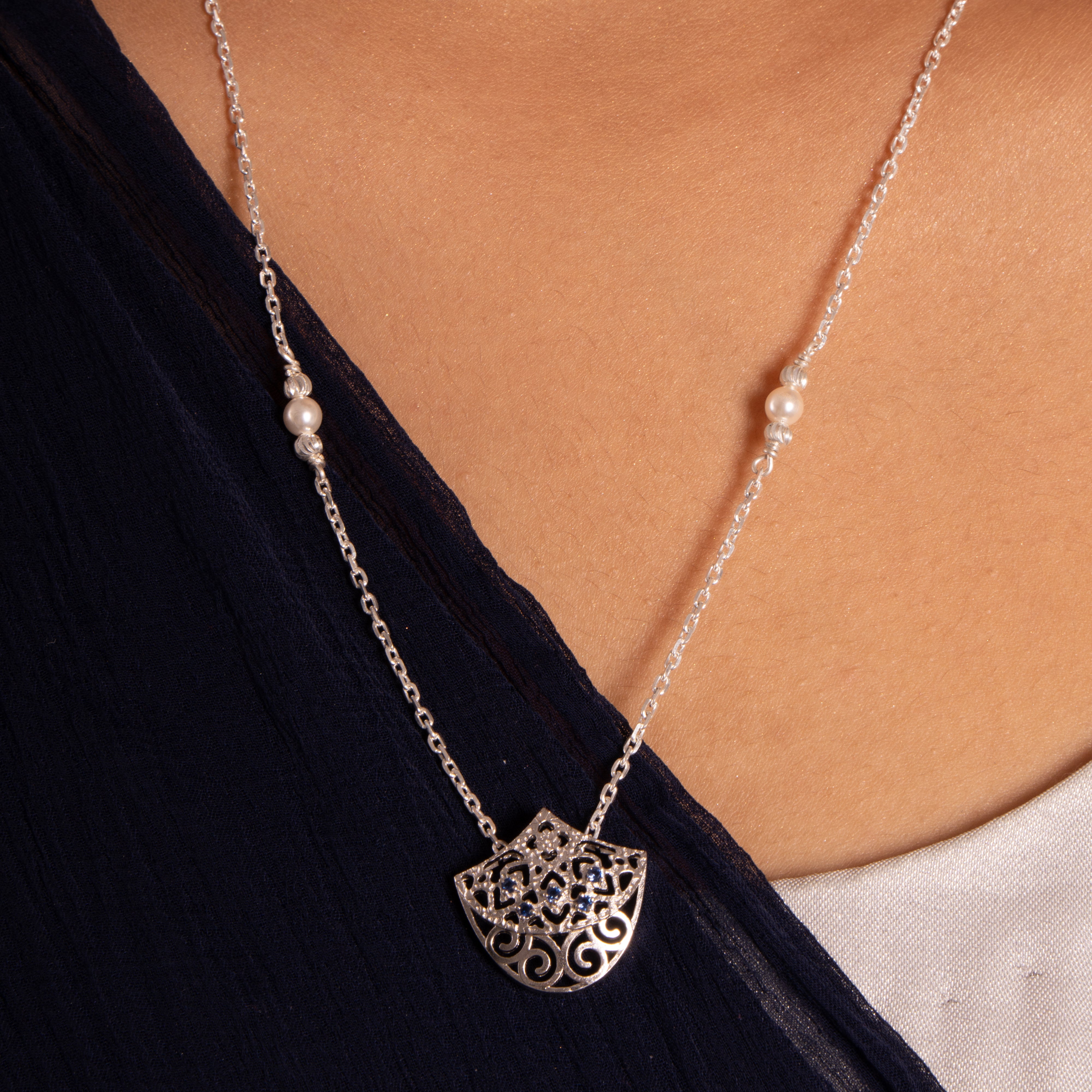 Anvaya Navy Blue Stone Pendant With Pearl Chain