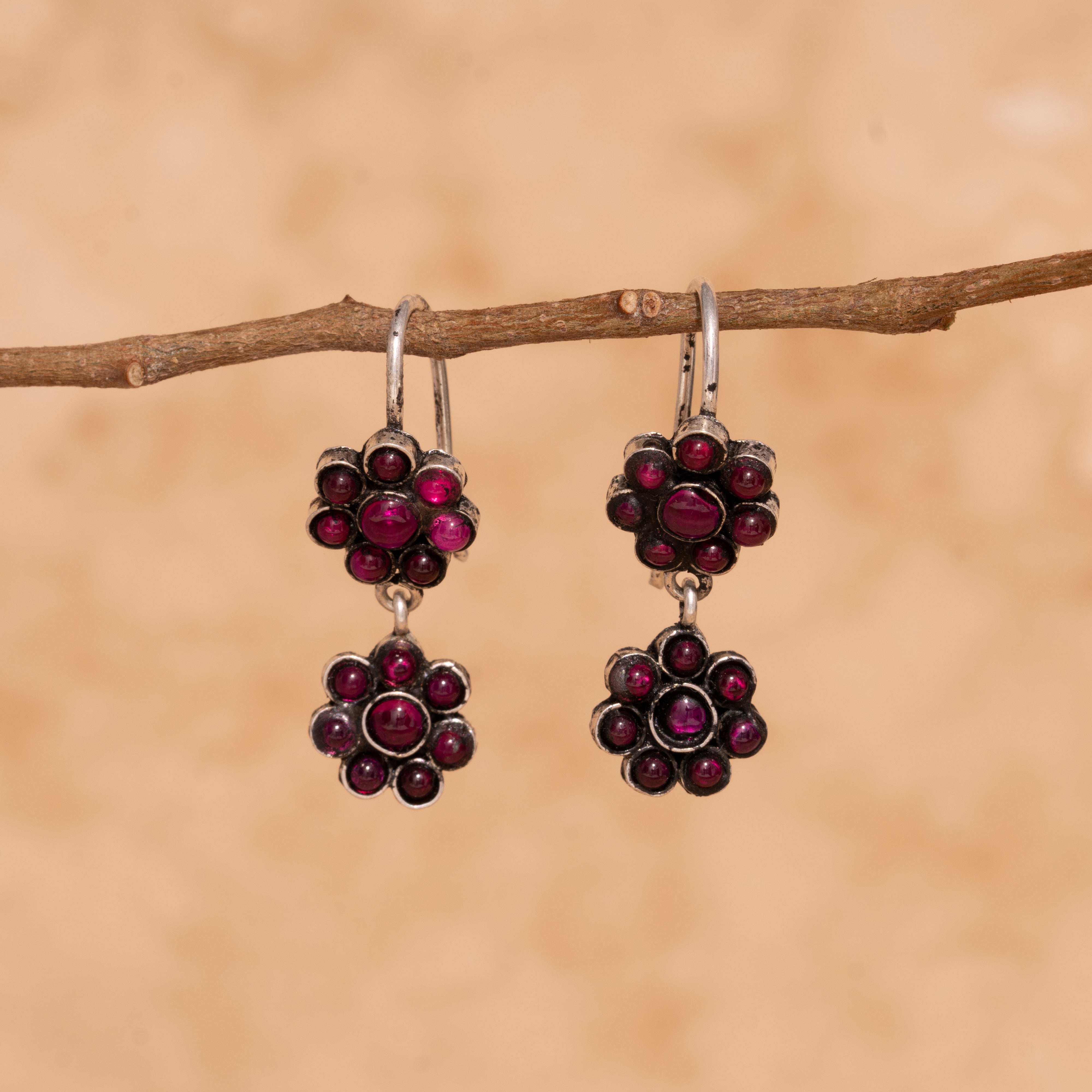 Twin Flower Pink Stone Hoop Earrinngs