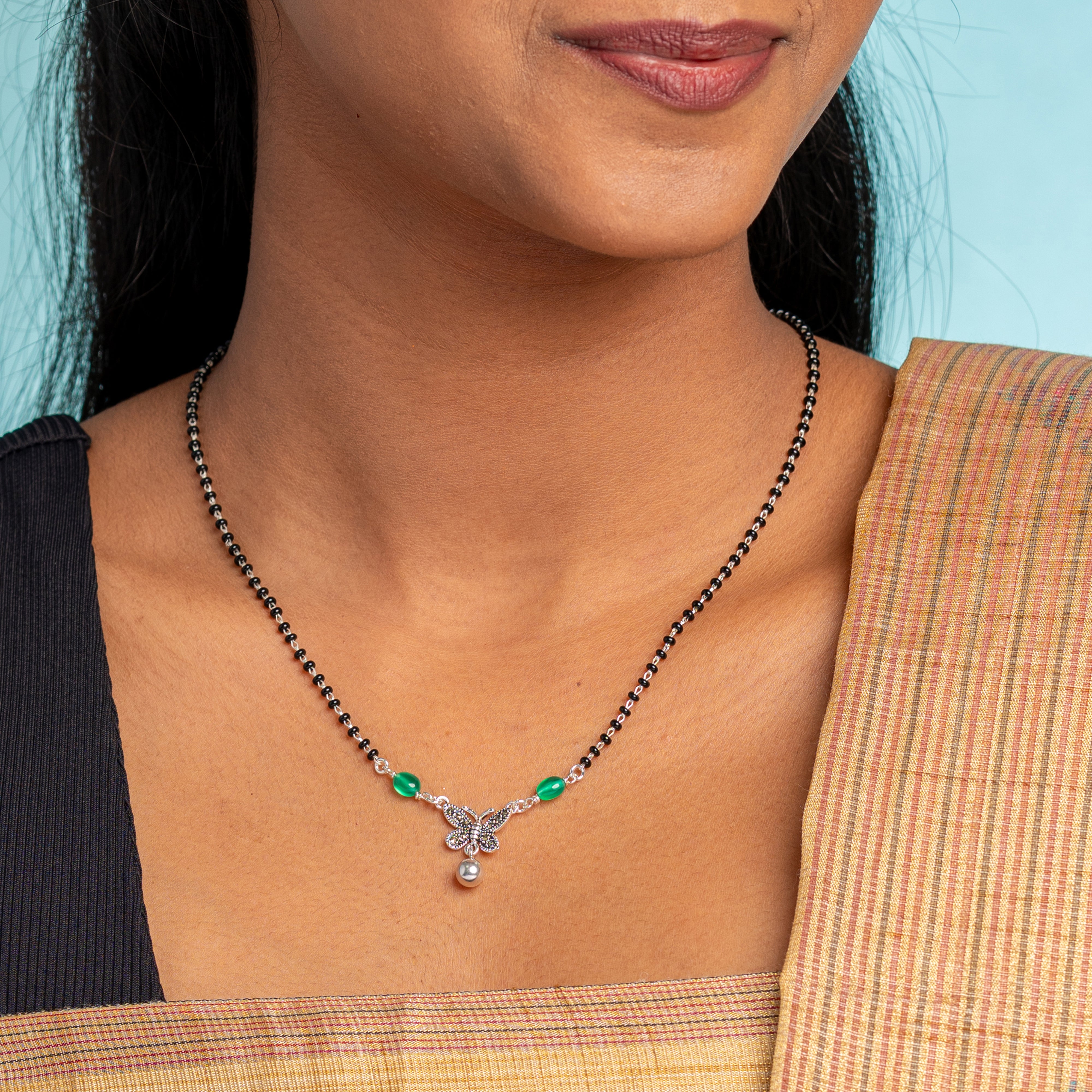 Butterfly Emerald Silver Mangalsutra
