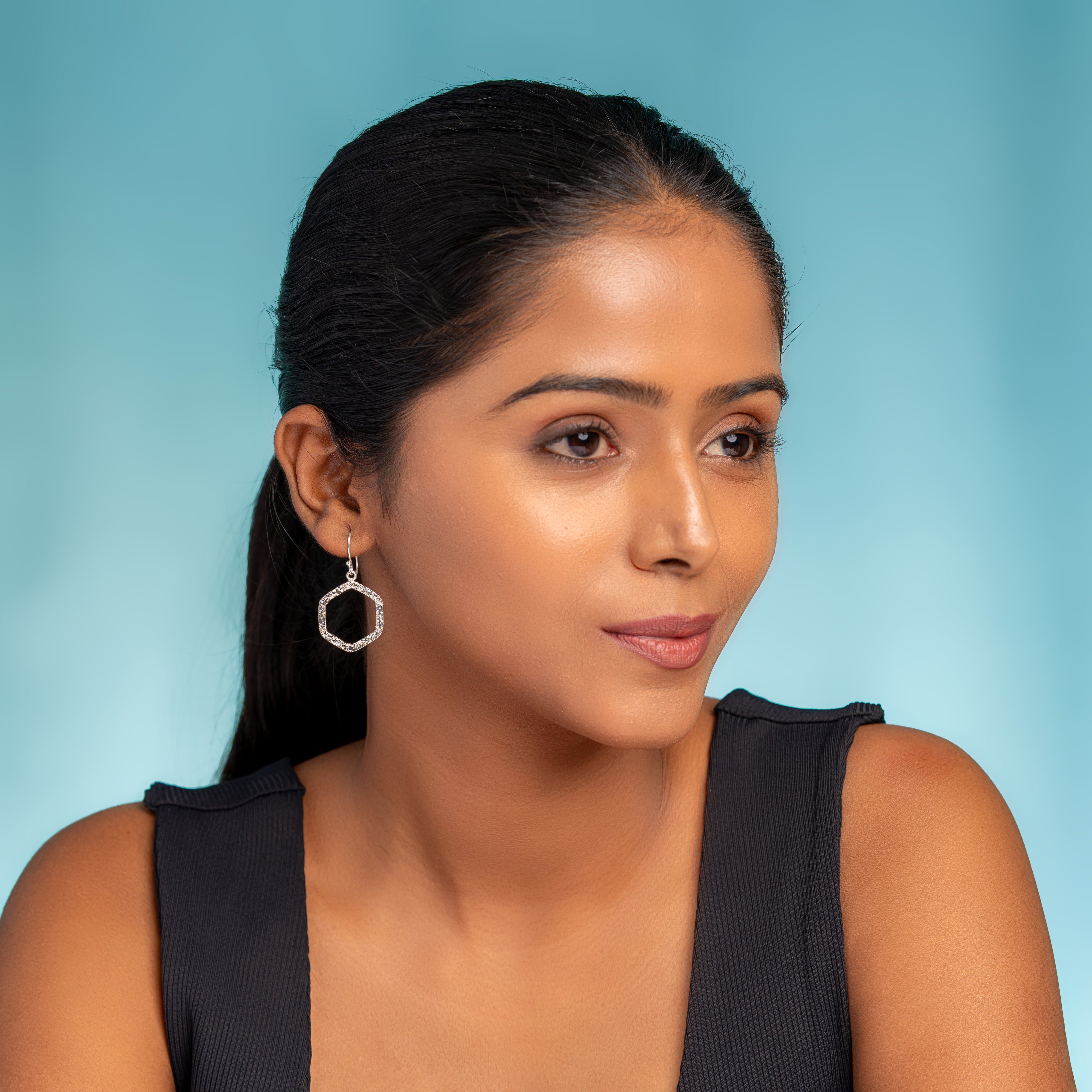 925 Sterling Silver Handmade Hammered Classic Dangle Hexagonal Earring