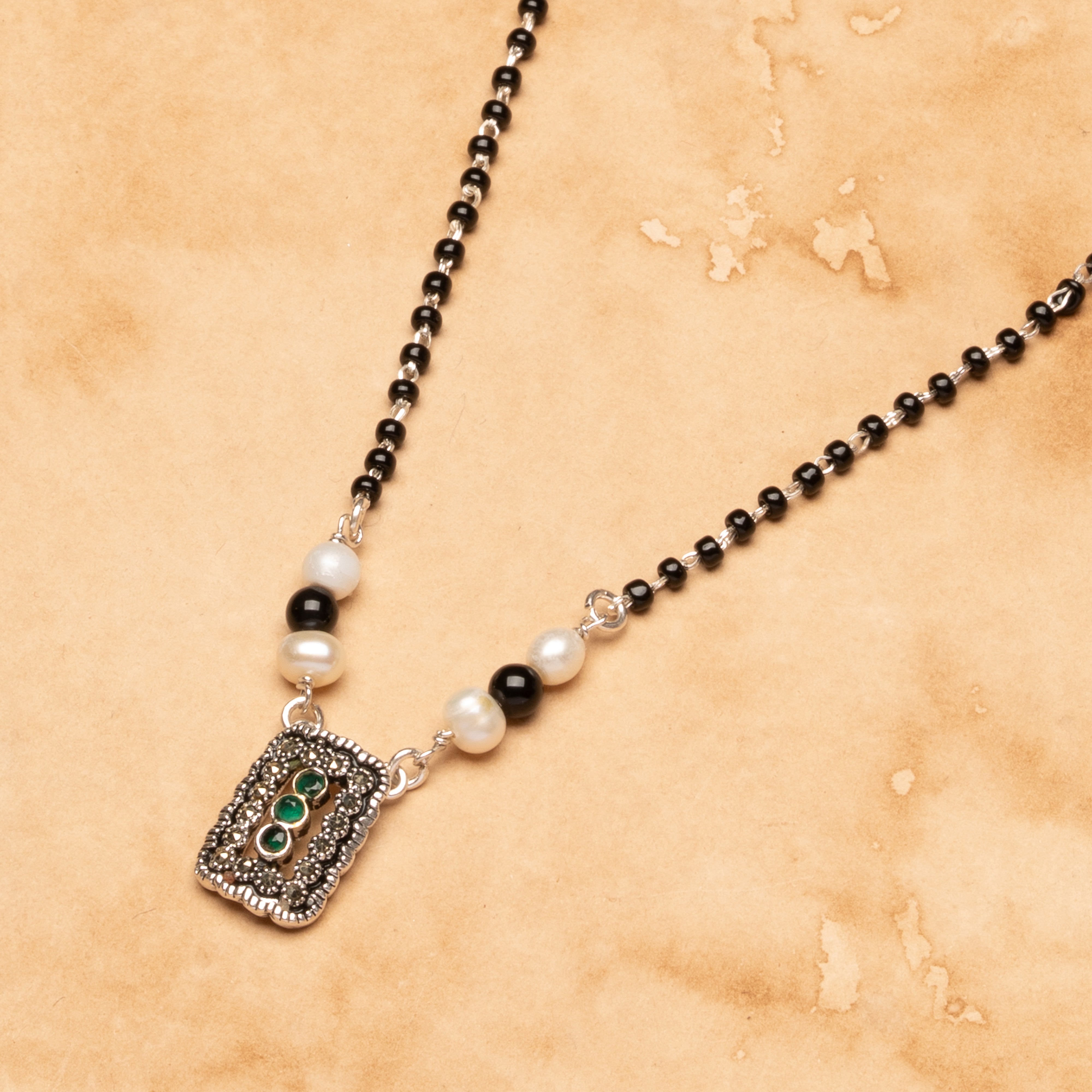 Rectangular Green Stone Pearl Mangalsutra