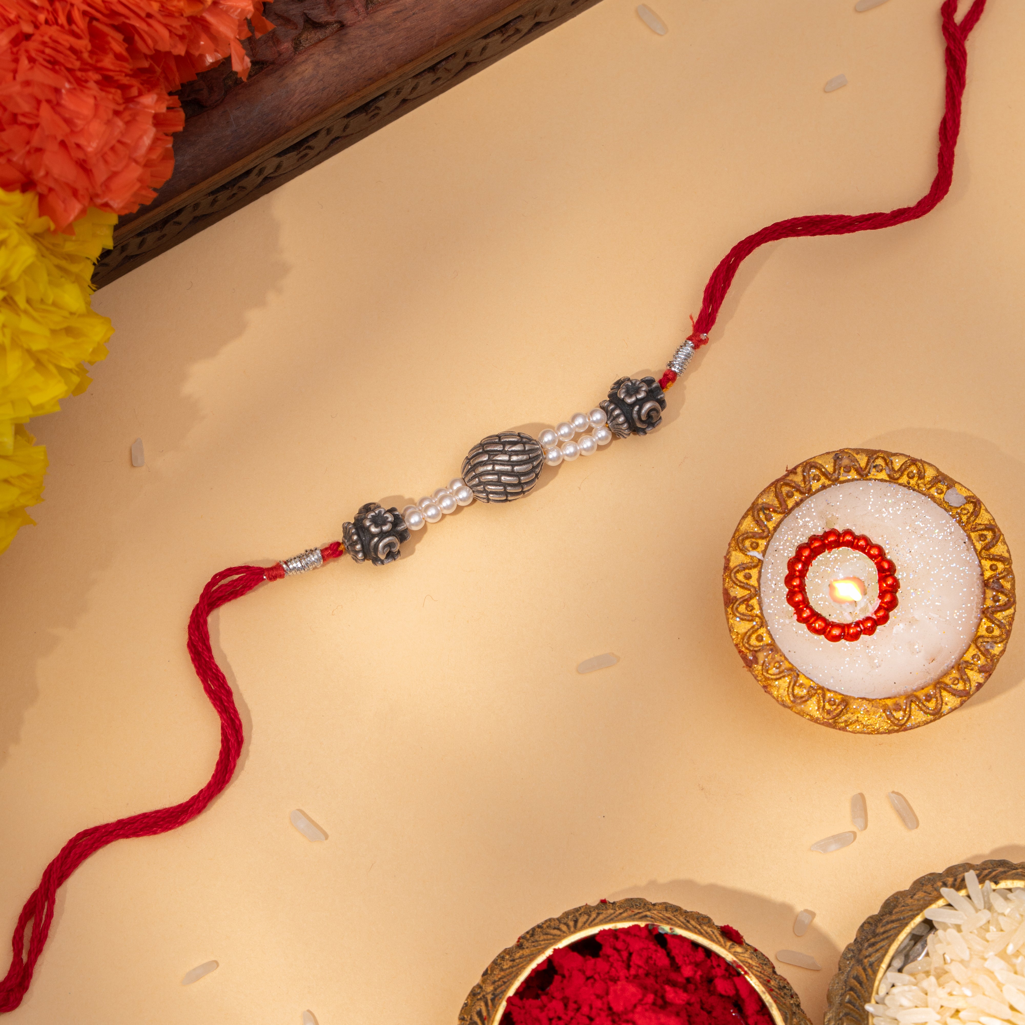 Oxidized 925 Silver Rakhi with Pearls